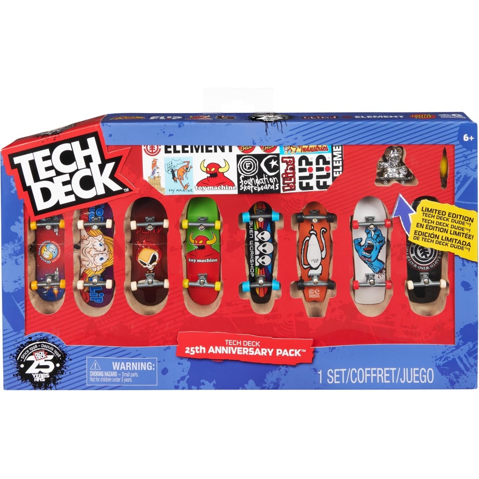 Tech Deck, 25Th Anniversary 8-Pack Fingerboards With Exclusive Figure, Collectible And Customisable Mini Skateboards, Kids' Toys For Ages 6 And Up